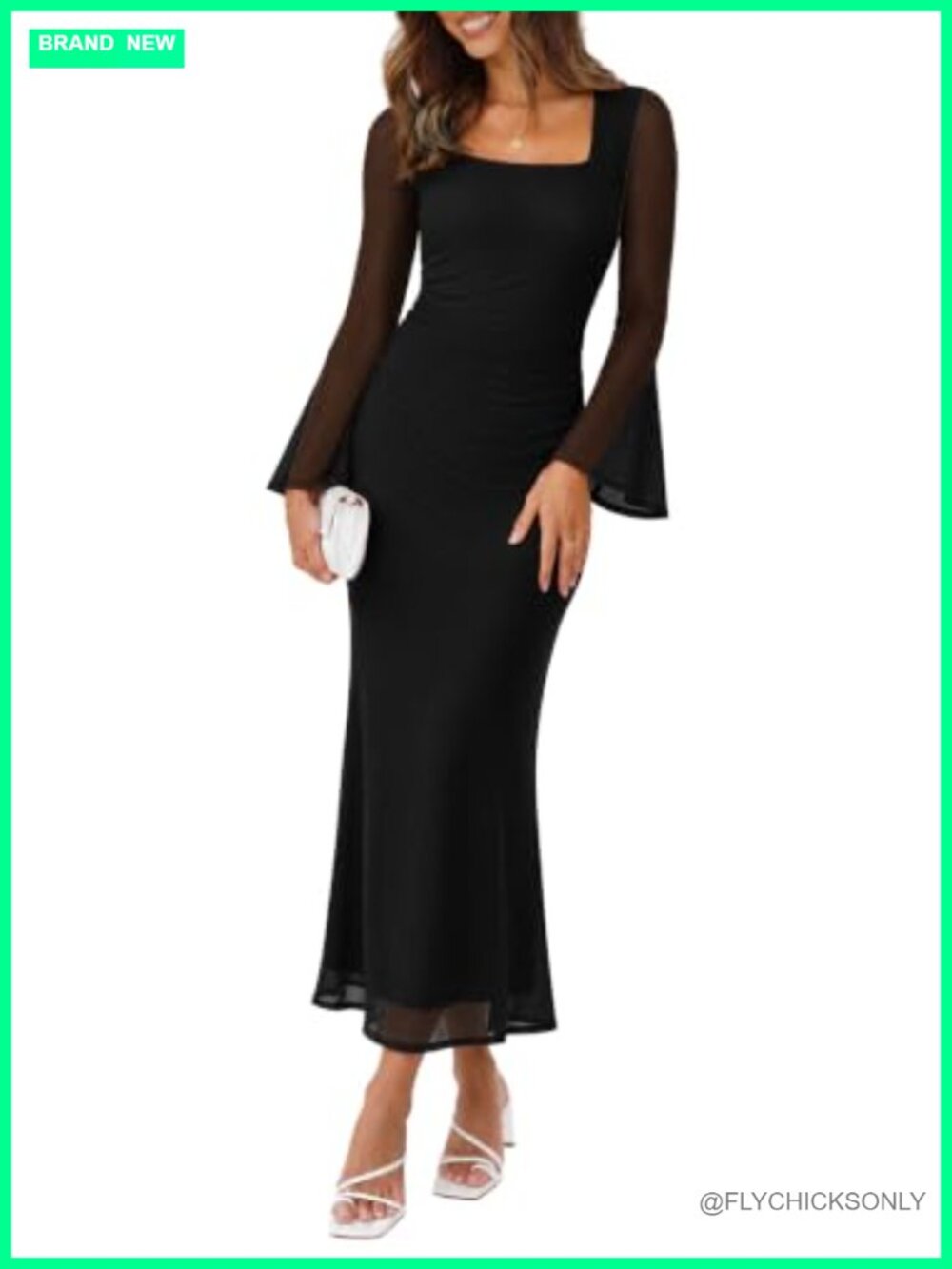 Sipaya Women's Bodycon Maxi Dress Long Sleeve Square Neck Ruched Waist